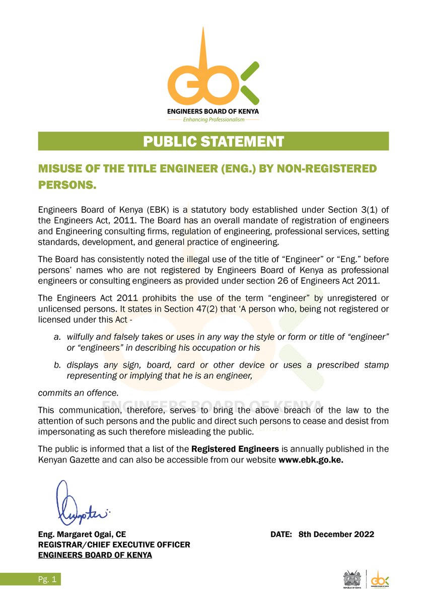 Public Statement: Misuse of the Title Engineer (Eng.) by Non-registered Persons.

<a href="/SDRoads_Ke/">State Departments of Roads Kenya</a> 
<a href="/EngEKMwongera/">Eng. Erastus K. Mwongera, CE, FIEK, CBS| EBS| OGW</a> 
<a href="/Eng_MaggieOgai/">Eng. Margaret Ogai</a> 
<a href="/TheIEK/">The Institution of Engineers of Kenya</a> 
<a href="/ACEK1968/">The Association of Consulting Engineers of Kenya</a>