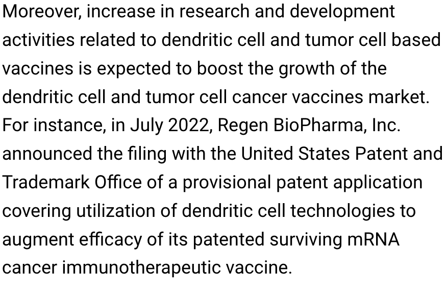 PerfectSpike's tweet image. $RGBP $RGBPP  Dec. 8 2022:   Regen Biopharma referenced in dendritic and tumor cell cancer vaccines market growth report.

“Dendritic cell-based anti-tumor vaccines have great potential for the treatment of cancer”.

Read more:  tinyurl.com/u7wyym6a