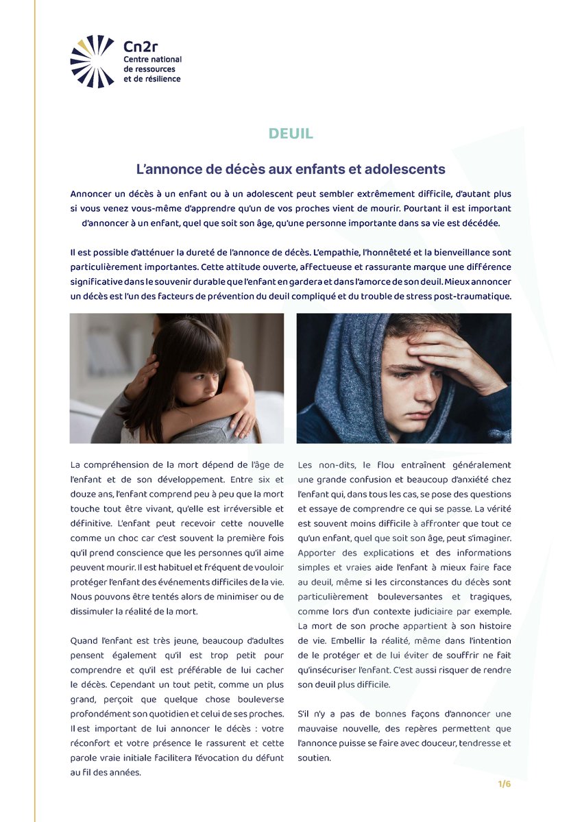 🧒 "L'annonce de décès aux enfants et adolescents", une nouvelle ressource pour le dossier thématique récemment publié sur notre site, qui permettra aux parents et aux proches d'inclure au mieux l'enfant dans ce moment difficile : cn2r.fr/ressources/enf…