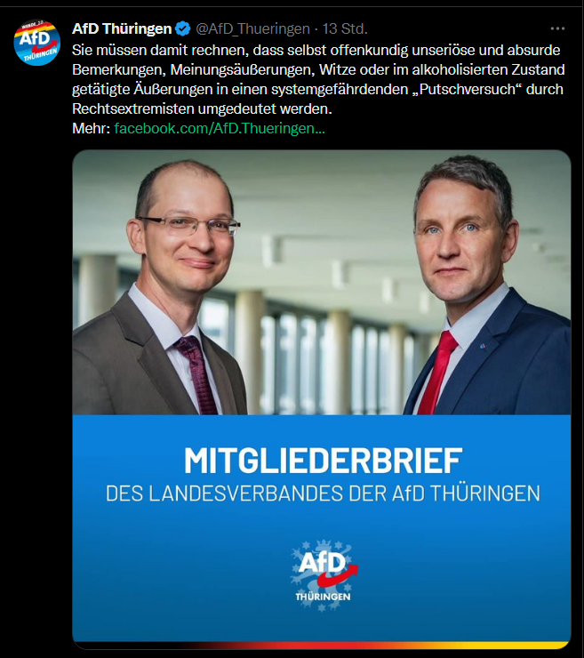 HirrscherVince's tweet photo. @AlternativeNRW Höcke hat euch verboten, "unseriöse und absurde Bemerkungen, Meinungsäußerungen, Witze oder im alkoholisierten Zustand" zu tätigen.
Auch nicht mit Fremdenhass und Hetze, #RAfD! #MalsackWinkemann #Reichsbuerger https://t.co/BXU1wKpHhu
