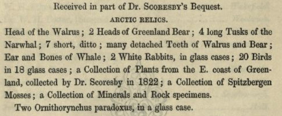 Found a partial description of William #Scoresby Jr's bequest to the Whitby Lit &amp; Phil ... "Arctic relics" including walrus head, narwhal tusks, whale bones, polar bear teeth and ... two platypuses?!