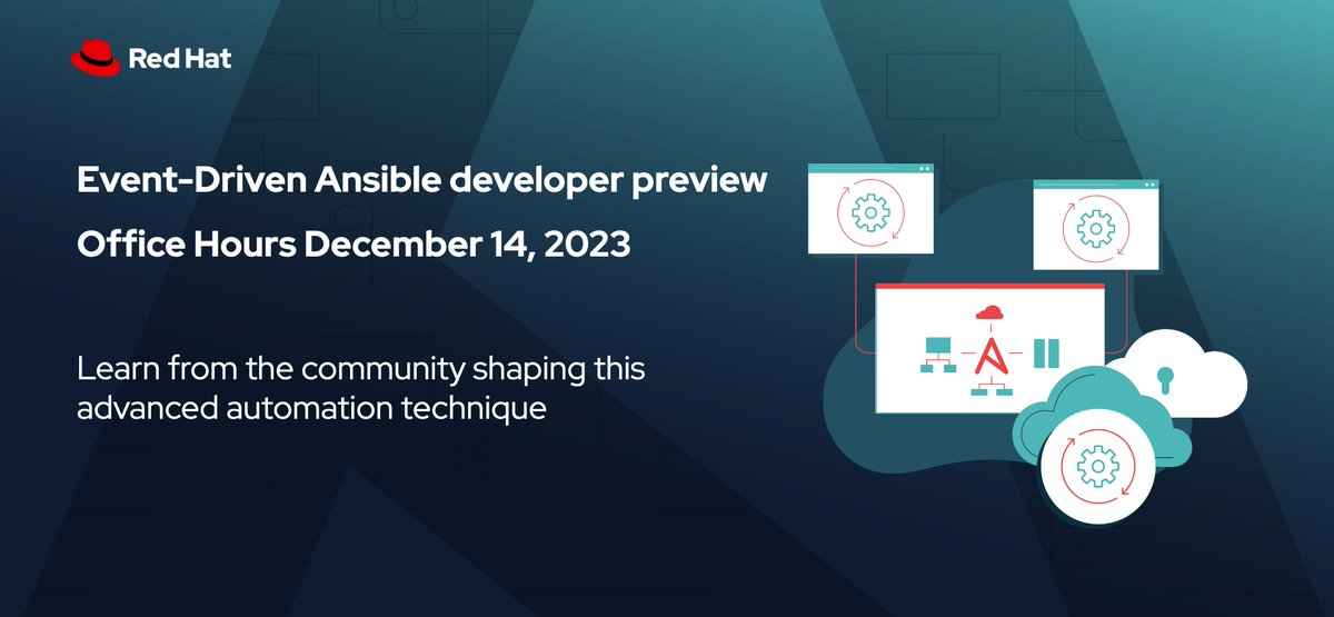 ansible's tweet image. #EventDrivenAnsible is the newest dev preview from #RedHat. It is for the community to try out and provide feedback. Supporting this are Office Hours sessions. The next one is December 14th-- next Wednesday. Join us to learn, ask questions and gather tips! red.ht/3BmPJXd
