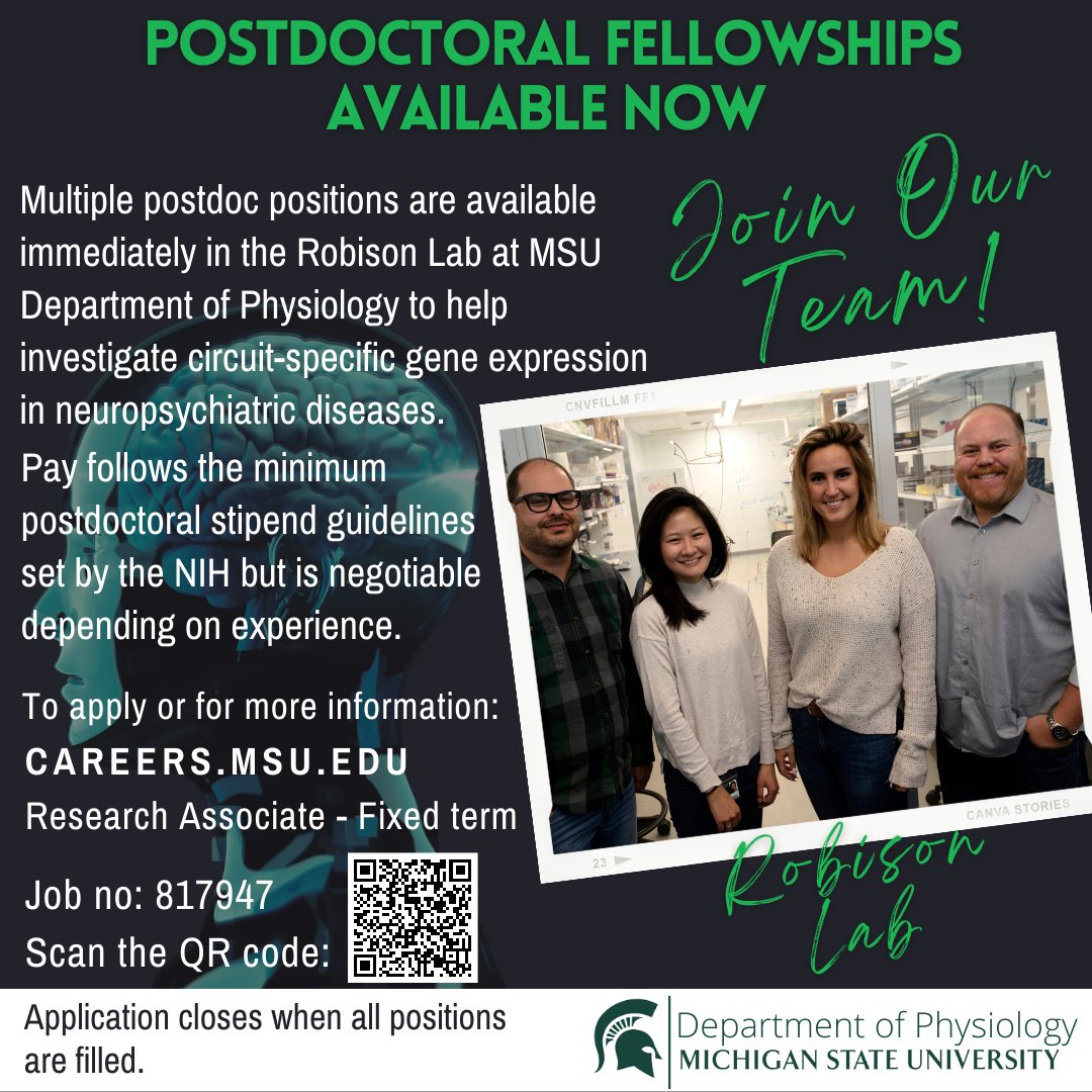 Are you seeking postdoctoral work experience? The @RobisonLabMSU wants you!
#postdocfellow #postdoc #postdoctoralfellow #postdoctorial #neuroscience #geneexpression #physiology #brainresearch #neuropsychiatricdisease #msupsl #NIH #research #career