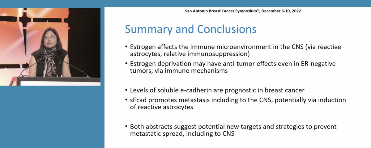 Brilliant discussion by @nlinmd! Estrogen can impact immune microenvironment in the CNS sECad promotes metastasis including to CNS @DFCI_BreastOnc @OncoAlert #bcsm #SABCS22