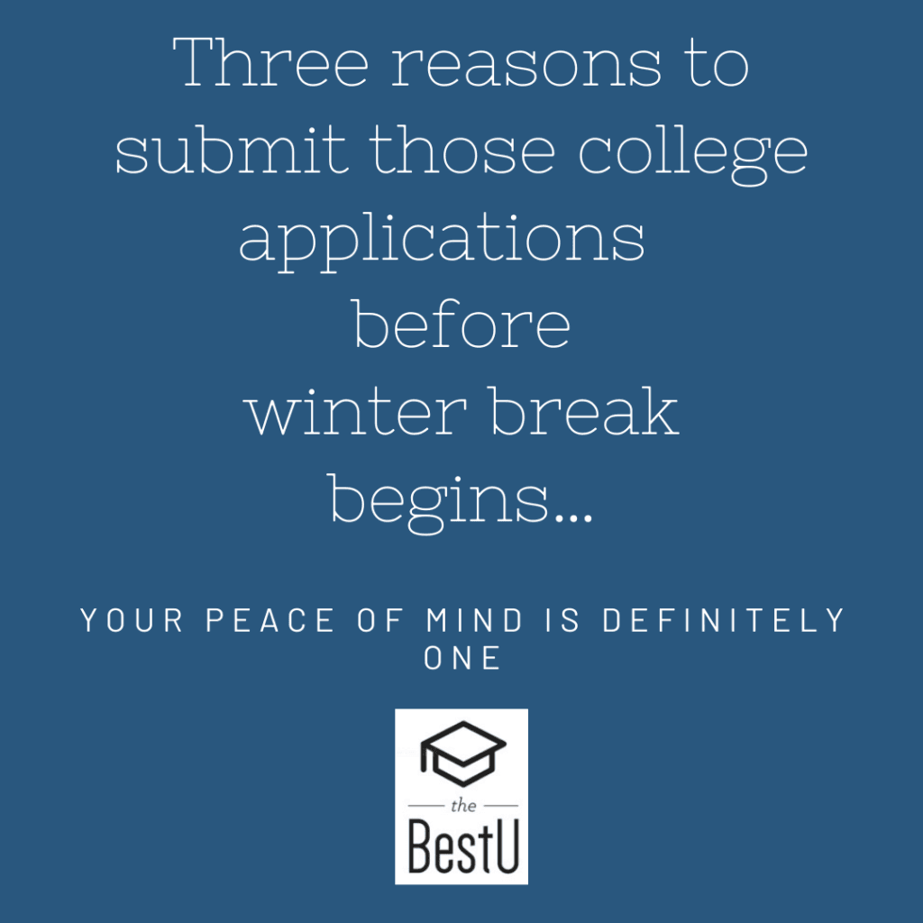 If you're thinking that winter break is a good time to finish off those applications, check out our blog for 3 reasons why we think you shouldn't wait. 

#collegeadmissions #collegeadmissionadvice #admissions #collegeadvice #collegeapplications #TheBestUCollegeAdvising