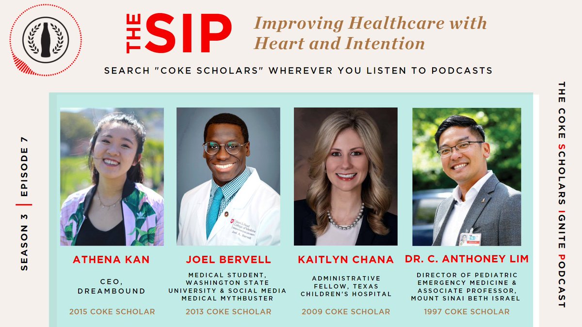 Coca-Cola Scholars (@cokescholars) on Twitter photo How can we make #healthcare better for everyone?
On The SIP, #CokeScholars <a href="/joelbervell/">Joel Bervell</a>, <a href="/athenakan_/">Athena Kan</a>, <a href="/KaitlynChana/">Kaitlyn Chana, MBA, MHA</a>, and Dr. C. Anthoney Lim discuss how they are tackling challenges they’ve encountered within the field. open.spotify.com/episode/7zv1zi… How can we make #healthcare better for everyone?
On The SIP, #CokeScholars <a href="/joelbervell/">Joel Bervell</a>, <a href="/athenakan_/">Athena Kan</a>, <a href="/KaitlynChana/">Kaitlyn Chana, MBA, MHA</a>, and Dr. C. Anthoney Lim discuss how they are tackling challenges they’ve encountered within the field. open.spotify.com/episode/7zv1zi…