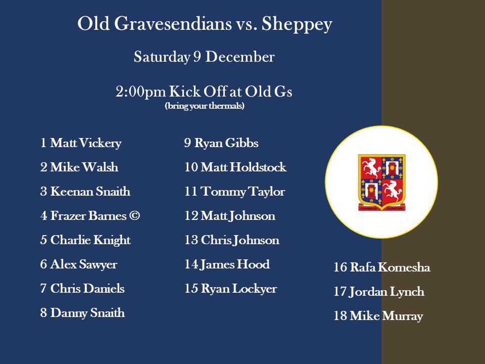 The 1s are at home on Saturday vs @SheppeyRFC_1892.

2pm kick off at Old Gs and here is how the squad shapes up