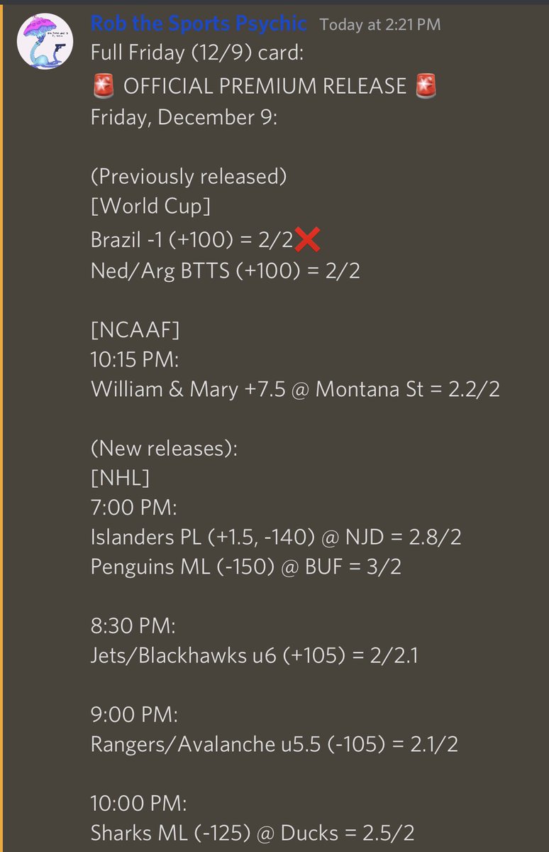 PsychicSportsIn's tweet photo. Rob’s FULL CARD for 12/9 🔮👇 LET’S BUILD OUR BANKROLLS👷‍♂️💰

Join us for #FreePicks daily on discord: https://t.co/LzCTM1NZG3 💸

 #GamblingTwitter #NHL #NBA #WorldCup #NCAAF #WorldCup2022 #BettingTwitter #SportsGambling #PMSLive #hammerDAHN #NJBets #Qatar2022 #CFBPicks https://t.co/kr1OGtwLsK