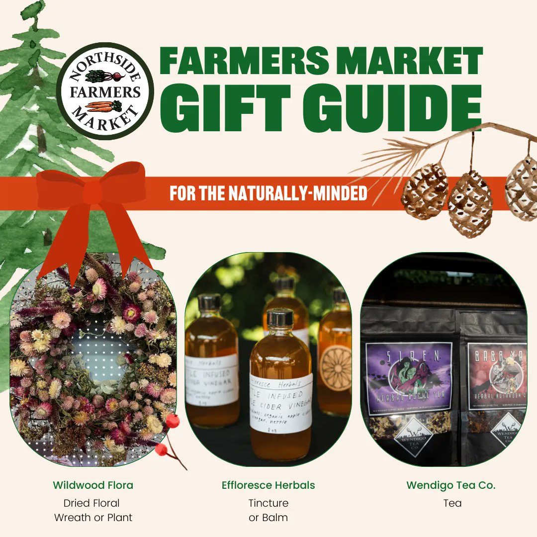 Need a gift for the naturally-minded person in your life? Our vendors have all you need!

☕️ Tea from @wendigoteaco
🎁 Tincture or balm from @effloresceherbals
🌿 Dried flower wreath or plant from @wildwoodflora!

Check out our amazing vendors at the market today!