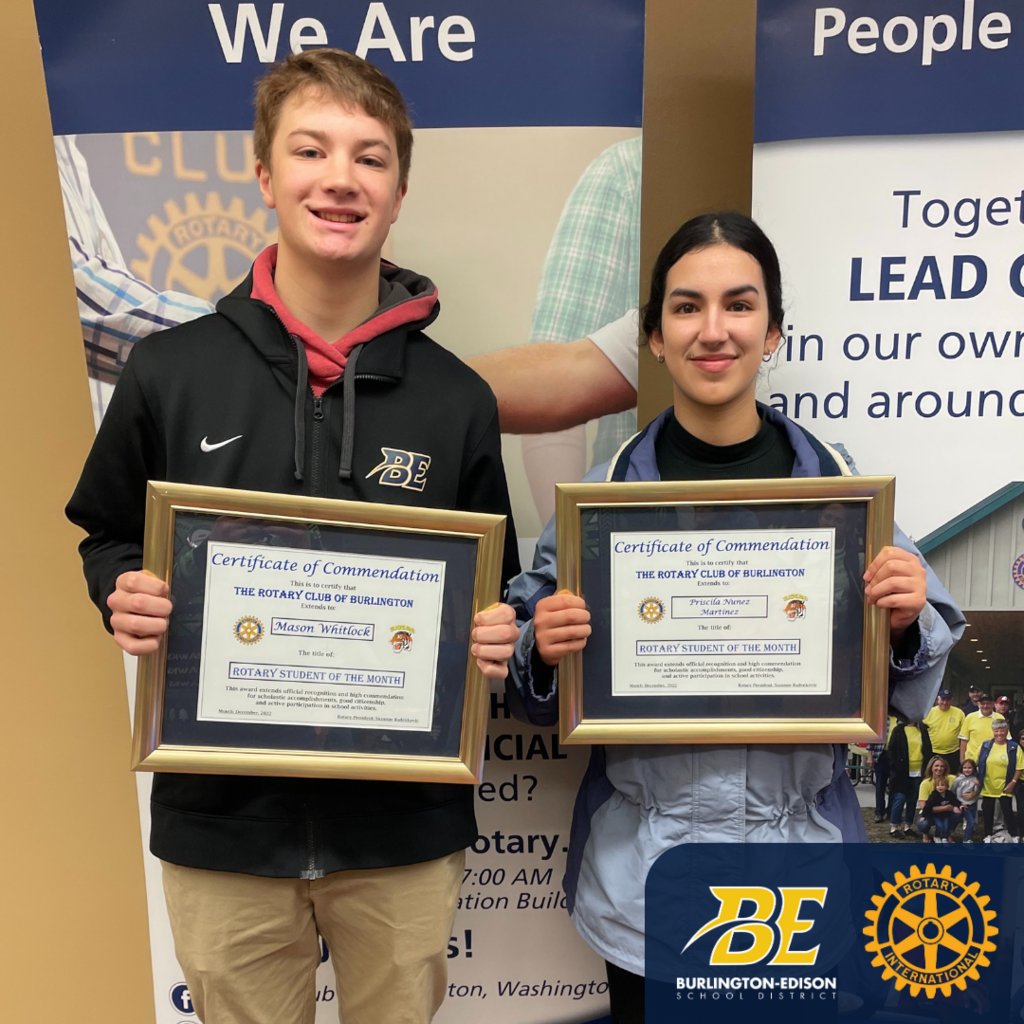 b_eschools's tweet photo. Congratulations to Priscila N. and Mason W., the Burlington Morning Rotary Students of the Month for December 2022. These students were recognized this morning at the Rotary meeting. #TalentedTigers #BEHSALLIN #WeAreBE https://t.co/ye501J6XYN