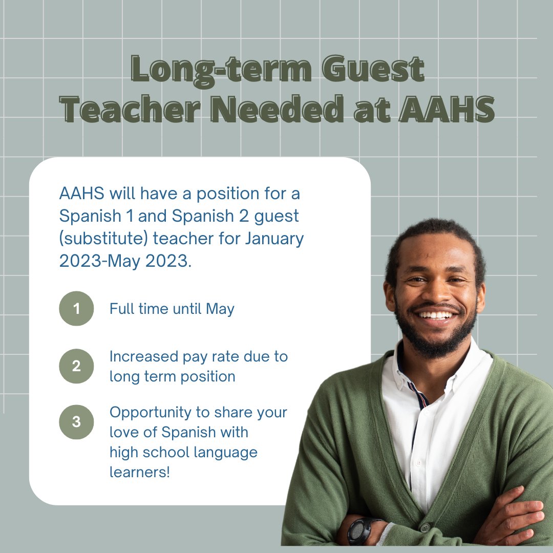 Kadet Nest (@airacademyhigh) on Twitter photo AAHS has an opening from Jan 3, 23-June 1, 23 for a long term guest (substitute) teacher for Spanish 1 and 2.
If you love kids, have experience teaching Spanish, or are a heritage speaker contact Asst. Principal Liz Walhof ASAP at liz.walhof@asd20.org or to text 719.649.5425. AAHS has an opening from Jan 3, 23-June 1, 23 for a long term guest (substitute) teacher for Spanish 1 and 2.
If you love kids, have experience teaching Spanish, or are a heritage speaker contact Asst. Principal Liz Walhof ASAP at liz.walhof@asd20.org or to text 719.649.5425.
