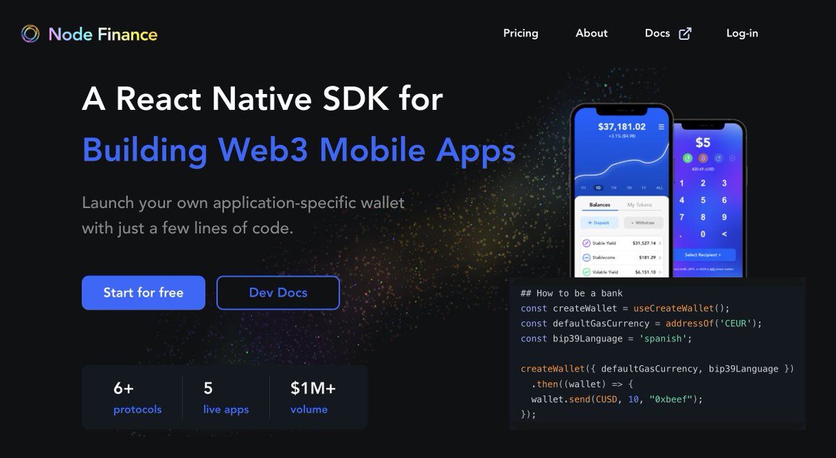 🥉Winner(3/3) <a href="/node_fi/">Node</a> provides a react-native SDK for building Web3 mobile apps. Their SDK is an on-chain “Neobank-in-a-Box” that empowers anyone to launch a global financial service and help  developers and enterprises easily launch mobile apps on Web3.