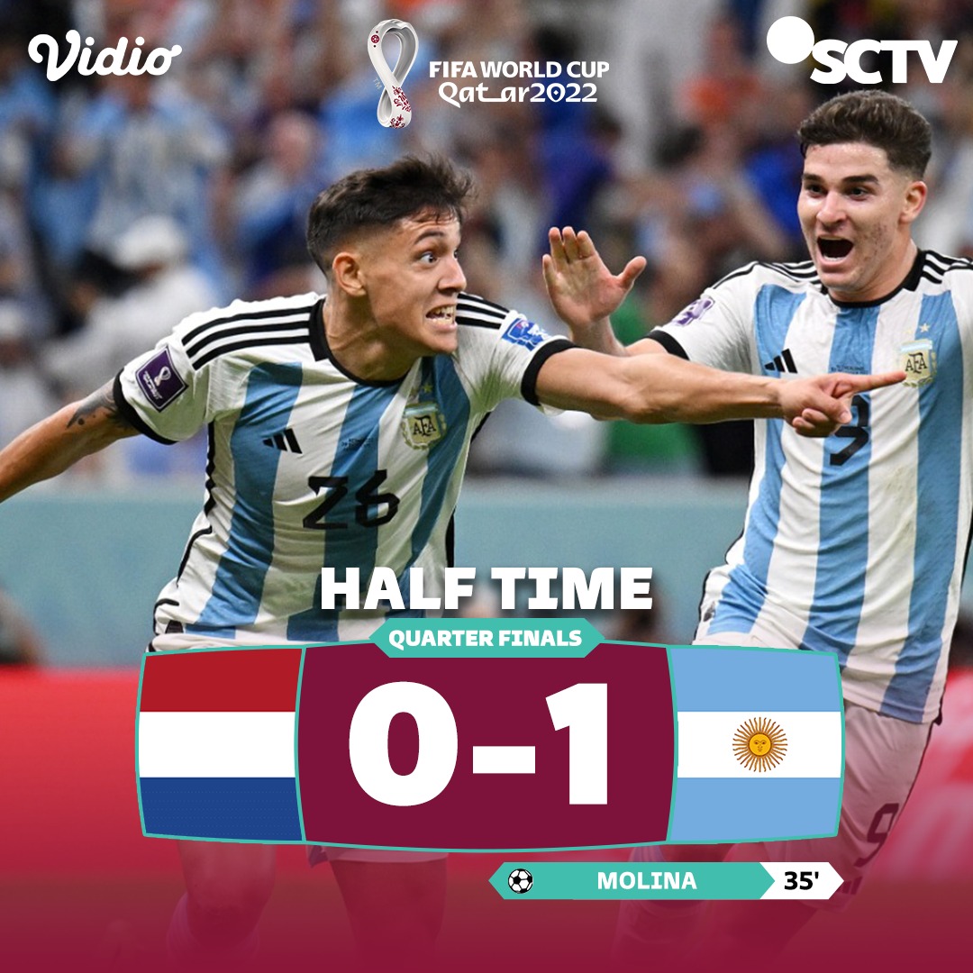 HT: Netherlands 0-1 Argentina.

Argentina berhasil unggul satu gol atas Belanda melalui gol Molina di babak pertama.

Bisakah Belanda menyamakan kedudukan atau Argentina tambah keunggulan di babak kedua?

#SCTVWorldCup2022 #SCMWorldCup2022 #FIFAWorldCup