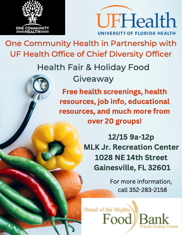 CaRE2HEC's tweet photo. The UF Health Office of Chief Diversity and One Community Health are hosting a Health Fair & Holiday Food Giveaway on Thursday, December 15th 9am-12pm EST.
#CancerResearch #CaRE2 #FreeHealthScreens #UFHealth #OneCommunityHealth https://t.co/HyL5YjfF1V