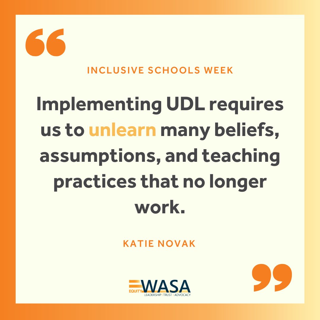 WASA (@wasa_oly) on Twitter photo For the final day of #InclusiveSchoolsWeek #ISW2022, we are sharing another great #UDL quote from <a href="/KatieNovakUDL/">Katie Novak</a>. Here’s to unlearning outdated beliefs to create better systems #SPED For the final day of #InclusiveSchoolsWeek #ISW2022, we are sharing another great #UDL quote from <a href="/KatieNovakUDL/">Katie Novak</a>. Here’s to unlearning outdated beliefs to create better systems #SPED