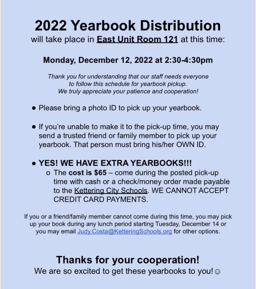 Hooray! The 2021-22 yearbooks are here and they’re ready FOR YOU! Check out distribution info here ⬇️