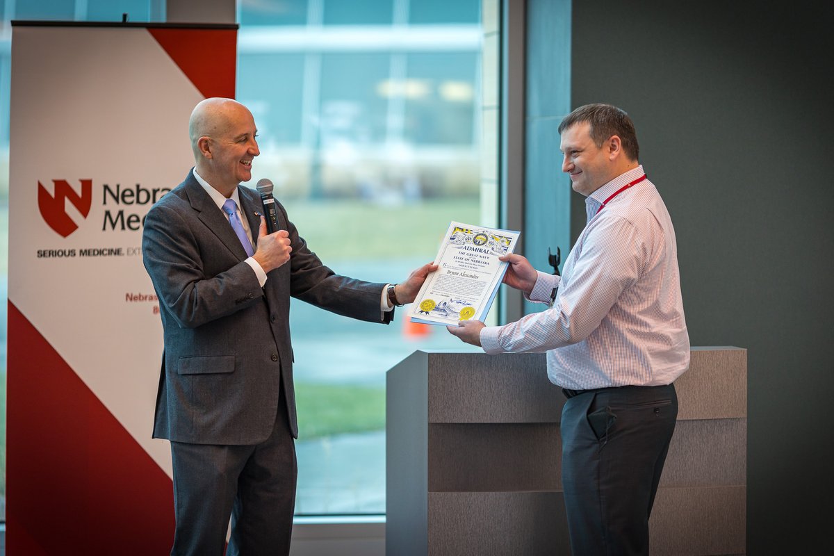 NebraskaMed's tweet photo. Meet NE's newest admiral! Gov. Pete Ricketts presented our Bryan Alexander, PharmD, with the state's highest civic honor, the Nebraska Admiral. It's an honorary title—Alexander received it for the exemplary work he performed for the entire state earlier in the pandemic. @UNMC_ID https://t.co/RwSk2Cbmnz