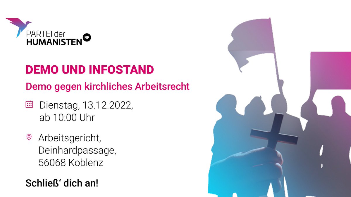 Vor kurzem hat eine #Erzieher|in aus dem Raum #Koblenz ihren Job in einer katholischen #KiTa verloren, weil sie aus der #Kirche ausgetreten ist.
Wir wollen uns mit ihr solidarisch zeigen und demonstrieren am 13.12. ab 10 Uhr gegen das kirchliche Arbeitsrecht. 
Schließt euch an!