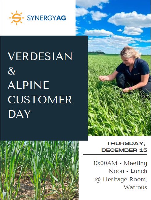 SynergyAG Govan (@synergyaggovan) on Twitter photo SynergyAG is hosting a customer day in Watrous at the Heritage Room on Thursday, December 15th. Please RSVP by calling or texting Eric @(306) 725-7136 <a href="/alpinepfl/">ALPINE</a> <a href="/verdesian/">Verdesian</a> #rootsyoucancounton #customerappreciation SynergyAG is hosting a customer day in Watrous at the Heritage Room on Thursday, December 15th. Please RSVP by calling or texting Eric @(306) 725-7136 <a href="/alpinepfl/">ALPINE</a> <a href="/verdesian/">Verdesian</a> #rootsyoucancounton #customerappreciation