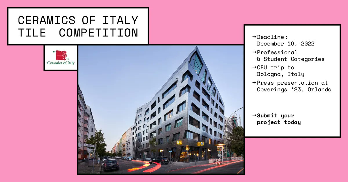 archinect's tweet photo. 🚨Calling all North American architects, designers + students🚨 The @CeramicsofItaly 2023 #TileCompetition is now open! Enter your projects to win a 5-day CEU trip to Italy and more at https://t.co/2B19tAzSXW.
Deadline: December 19, 2022
#sponsored https://t.co/tICGBPvNY3