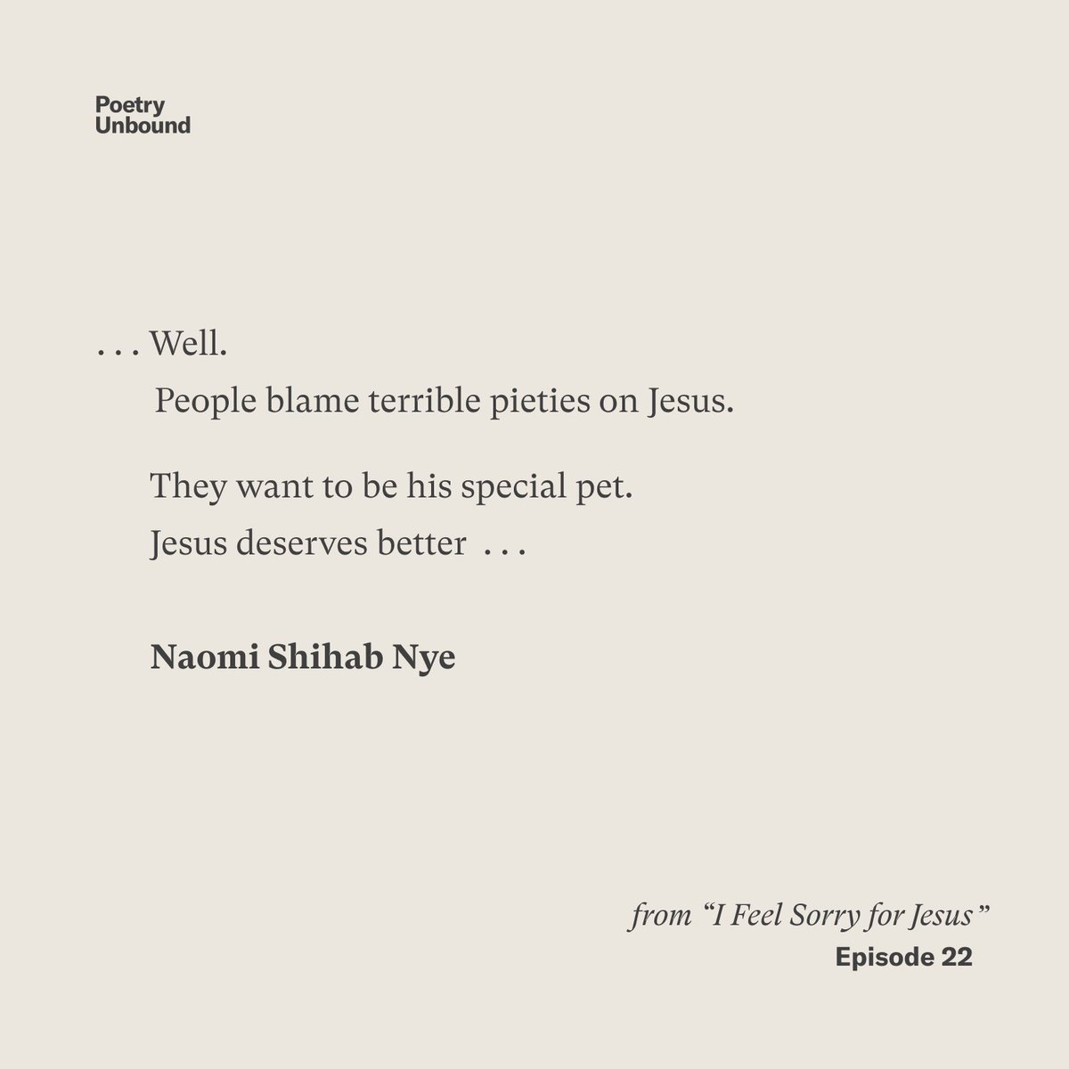 The On Being Project (@onbeing) on Twitter photo Jesus of Nazareth receives uncommon regard from Naomi Shihab Nye, who tries not to speak on his behalf.
🙏 <a href="/boaeditions/">BOA Editions</a>
🎧 onbeing.org/programs/naomi… Jesus of Nazareth receives uncommon regard from Naomi Shihab Nye, who tries not to speak on his behalf.
🙏 <a href="/boaeditions/">BOA Editions</a>
🎧 onbeing.org/programs/naomi…