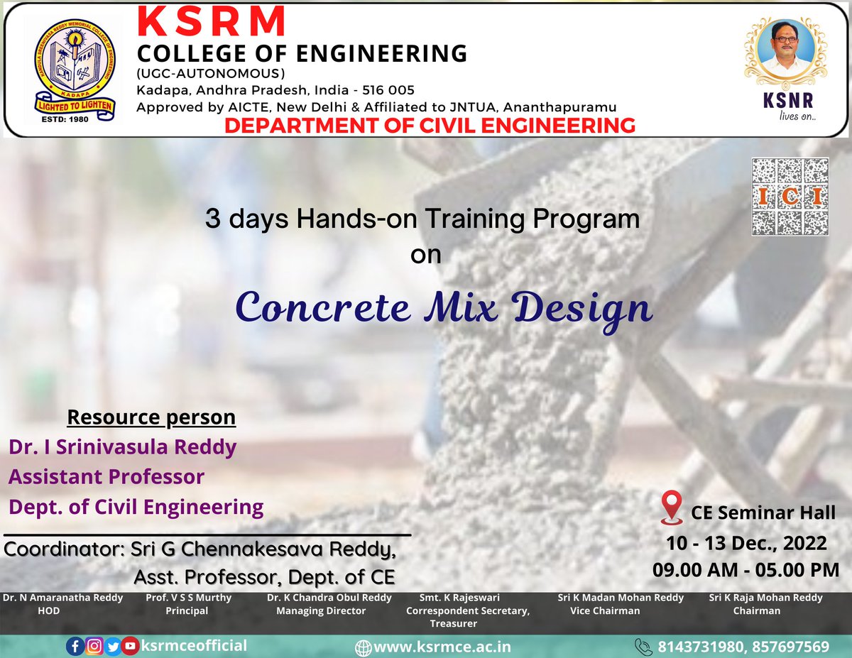 ksrmceofficial's tweet image. Department of CE organizing Three Day Hands on training program on Concrete Mix Design from 10-13 Dec 2022

#concretemixdesign #ksrmciv #ici #KSRM #ksrmce #kandulagroups #engineering #kadapa #ksrmceclubs #jntua #AICTE #aishe #apsche #IntiativesofMHRD #ugc #iic
