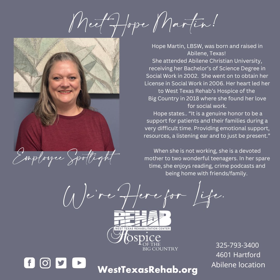 WestTXRehab's tweet photo. #EmployeeSpotlight #SocialWorker #WereHereForLife #HOBC https://t.co/UFvhGpFhiZ