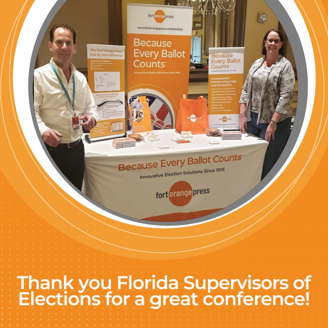 FortOrangePress's tweet photo. We had a great time at the Florida Supervisors of Elections Mid-Winter Conference in Daytona! Fostering great relationships with election officials is vital to the success of elections nationwide. Fort Orange Press is proud to be that partner. #electionteam #elections https://t.co/7WEKar2C81