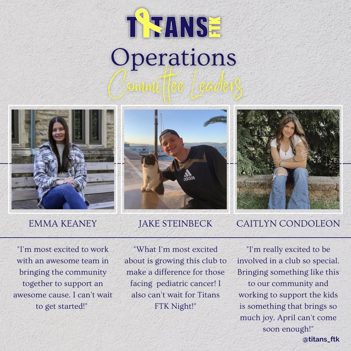 Our next committee spotlight is our Operations Committee Leaders! We’re so excited to have them as a part of our team, and we can’t wait to see what they have in store come April! #FTK🎗️