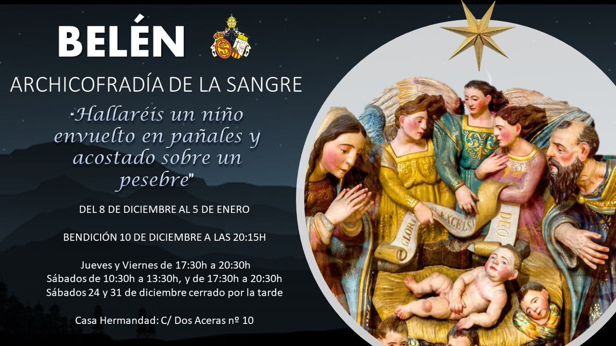BELÉN 💫 | Mañana, tras la Función Solemne a Nuestra Señora y Madre del Socorro, será bendecido el Belén de la Archicofradía en nuestra Casa Hermandad, que ya se puede visitar en el siguiente horario ⬇️

#CofradíasMLG #ArchiSangre #Navidad2022