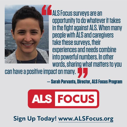 A new #ALSFocus survey is open! People with ALS and caregivers — share your experiences about health insurance coverage and help us make a difference. Learn more: ALSFocus.org