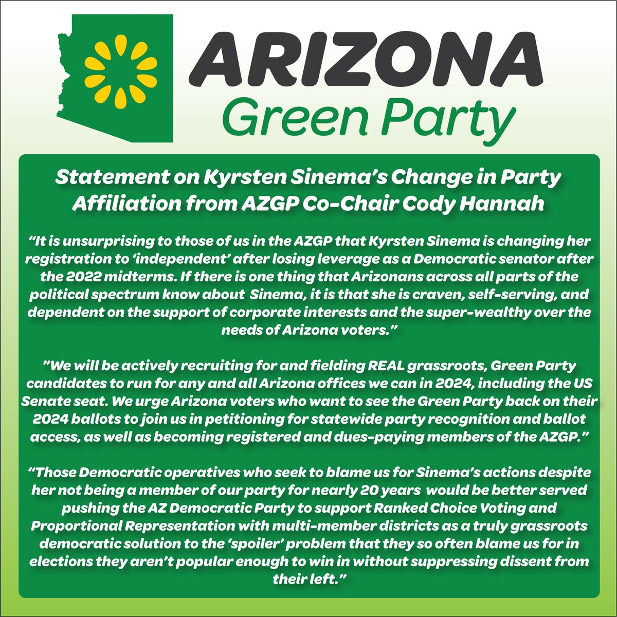 baltimoregreens: RT <a href="/AZGreenParty/">Arizona Green Party 🌻</a>: View our statement below re: <a href="/kyrstensinema/">Kyrsten Sinema</a>'s change in party affiliation from AZGP Co-Chair <a href="/codyrhannah/">Cody Hannah 🌻</a>