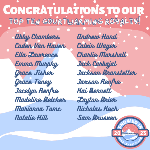 Attention Liberty Blue Jays - Courtwarming will be January 9-13, 2023 with the dance January 14! Our theme is Snowed in...a Blue Jay Blizzard! We are happy to announce the Courtwarming Court Top 10.....Congratulations!