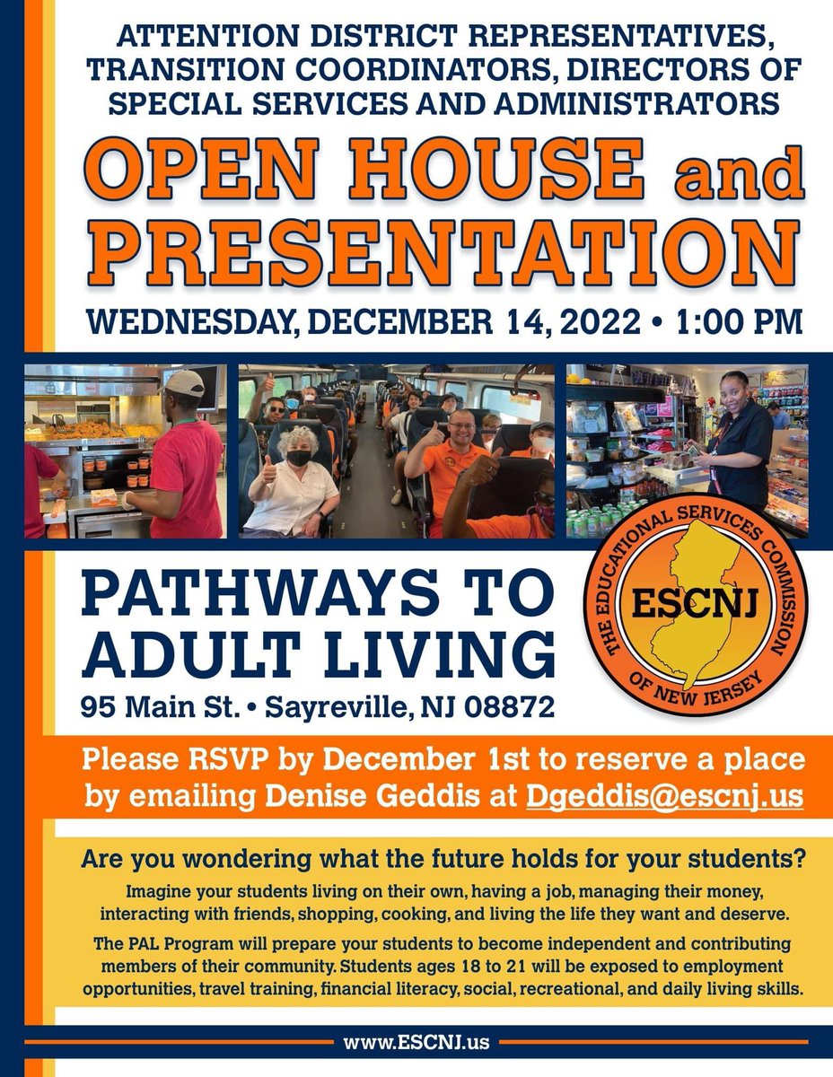 ESCofNJ's tweet photo. Join Us Next Week!: The Pathways to Adult Living program is hosting an Open House and Presentation on Wednesday, December 14 at 1 PM!

District representatives, transition coordinators, directors of special services and administrators are encouraged to attend. #ESCNJ #PALNJ https://t.co/bIAGRlwtNj
