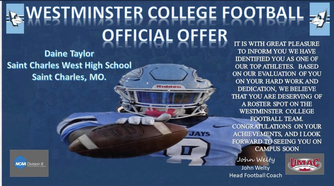 DaineTa76205742's tweet photo. Offer #2 coming from Westminster college thank you @ekern2 and Westminster’s football program for this opportunity https://t.co/hWjvuehwS8