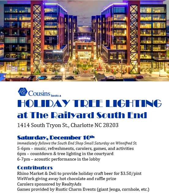 Park_Preferred's tweet photo. A new tradition will start this Saturday at the #RailYard in #SouthEnd #Charlotte! The first @CousinsREIT #holidaytree lighting will kick off @ 5pm. The #familyfriendly event is open to the public. Make sure to make this part of your #weekend &amp; #parkwithpreferred at the RailYard! https://t.co/A2ce1AfFgX