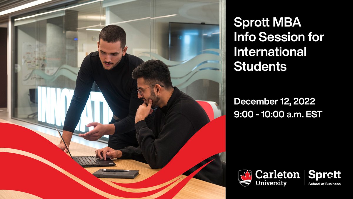 International students are invited join us virtually this Monday, December 12 at 9am EST for an introduction to Carleton's weekday #MBA program and admission requirements, followed by a presentation from <a href="/CarletonISSO/">Carleton ISSO</a>! Register now:  sprott.carleton.ca/event/mba-info…