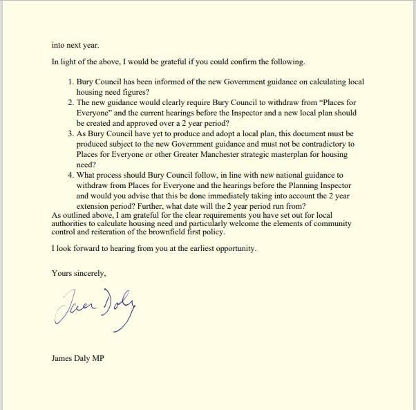 Afternoon Folks! Please find below the letters from Bury North MP James Daly MP to both the leader of Bury council and the secretary of state Michael Gove with regards to the recent changes announced to the planning system this week.