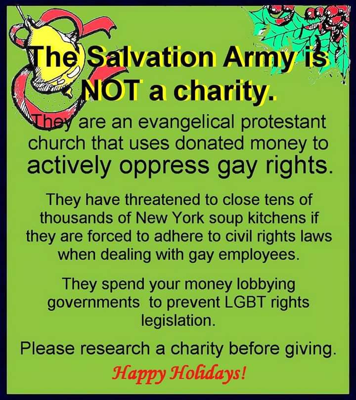 BudlongSly's tweet photo. Please keep this in mind this #Holiday season 🎄

#SalvationArmy #Charity #GayRights https://t.co/yzsvZtTulJ