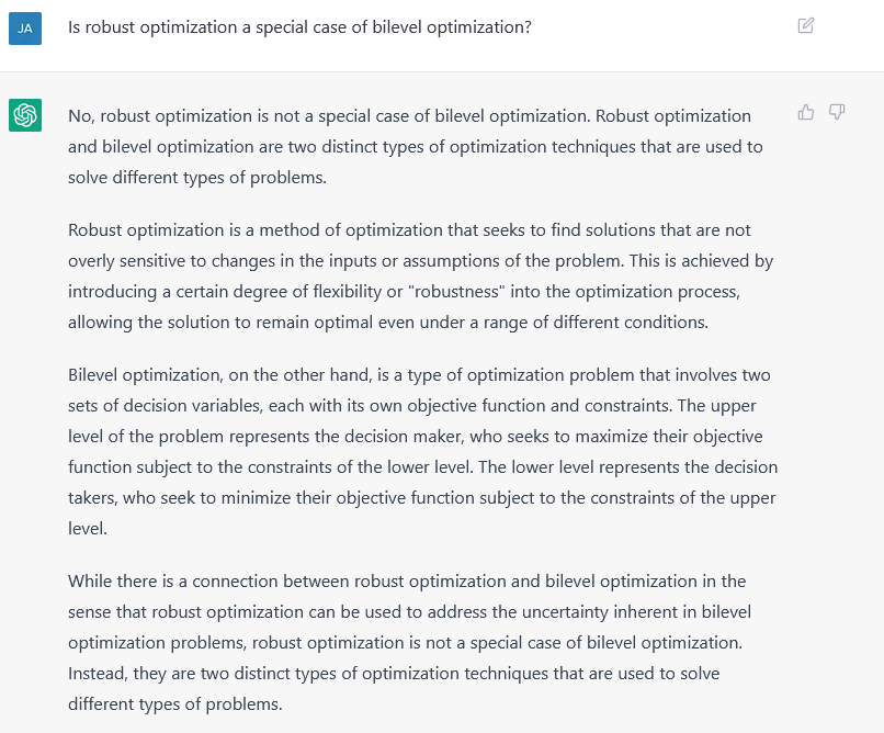 JannisK13's tweet image. I asked #chatgpt if #robustoptimization is a special case of #bileveloptimization .