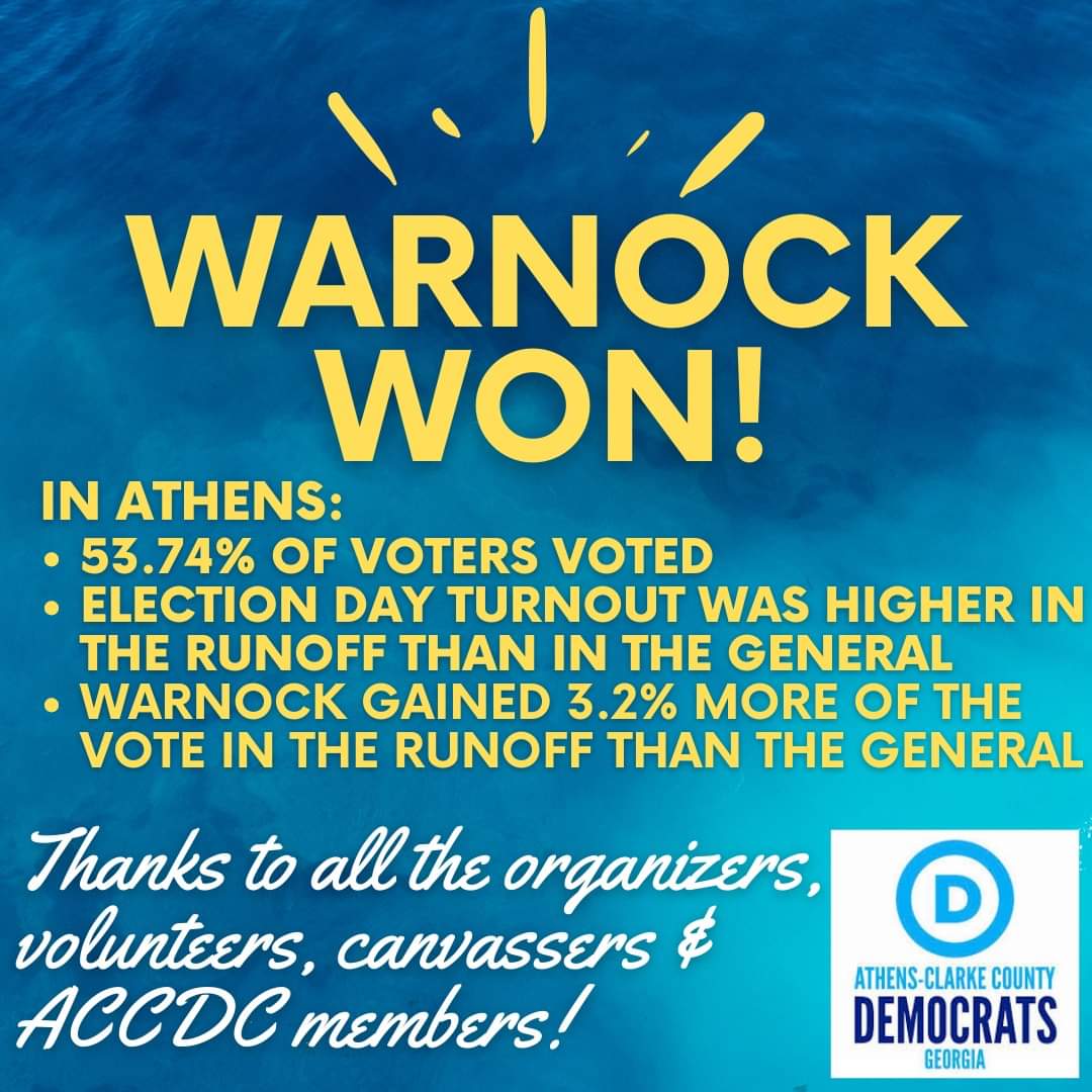 ClarkeDems's tweet image. Athens delivered for Senator Warnock! 
This election was won with hard work, good will, &amp;amp; ORGANIZING!

All of the people who knocked doors, made calls, distributed yard signs, organized events, helped run our office...y'all made sure we got out the vote and won!