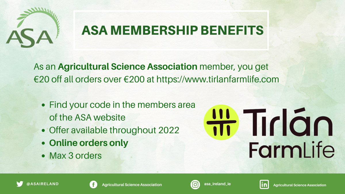 As a member of the ASA you are entitled to all our mebership benefits 
There are only a few weeks left to avail of the ASA/Tirlán 2022 membership benefit
Online only 
To join the ASA, renew your membership or learn more about our membership benefits, visit bit.ly/ASABenefits