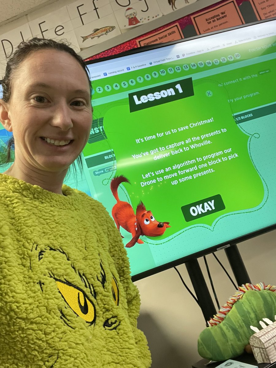 JulieMonico's tweet photo. It’s #hourofcode week which means time for one of my favorite @grinchmovie hour of coding activities. And you know I’ve got to dress for the occasion!! #grinchhourofcode. Stayed tuned to see if any of my Ss save Christmas l! #bctigers #bpsne https://t.co/pL3NfnaZSk