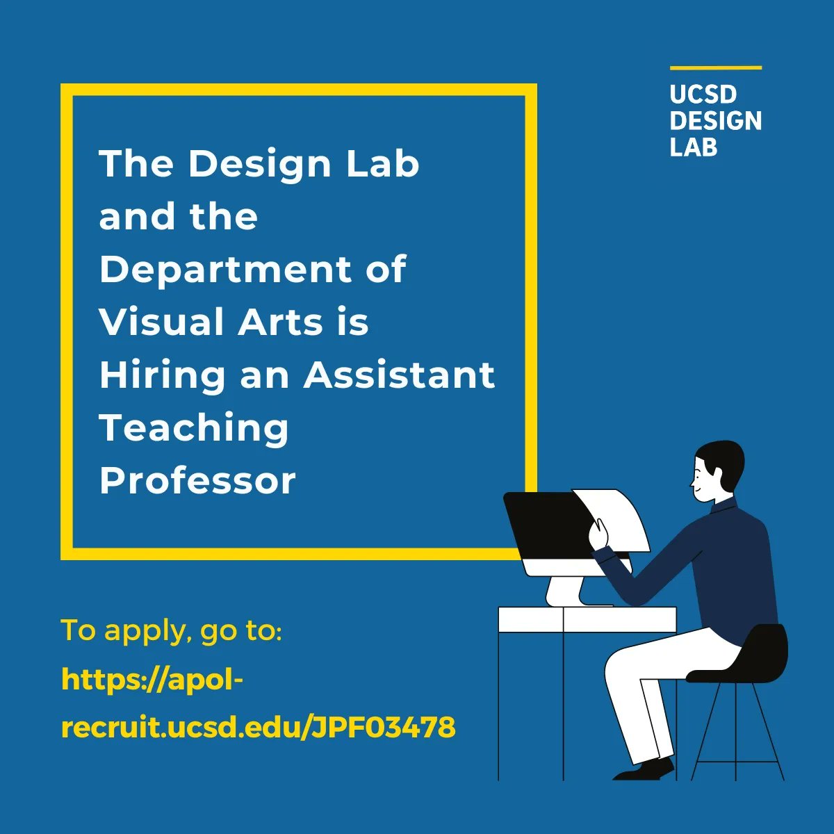 DesignLabUCSD's tweet image. Looking for a #multidisciplinary #teachingrole in product, service, and experience #design in a hands-on setting?
The Design Lab and Department of Visual Arts are looking for an Assistant Teaching Professor.
Click here for more info:
apol-recruit.ucsd.edu/JPF03478
 
#JobAlert #ucsd