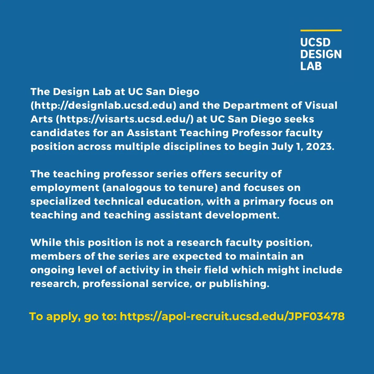 DesignLabUCSD's tweet image. Looking for a #multidisciplinary #teachingrole in product, service, and experience #design in a hands-on setting?
The Design Lab and Department of Visual Arts are looking for an Assistant Teaching Professor.
Click here for more info:
apol-recruit.ucsd.edu/JPF03478
 
#JobAlert #ucsd