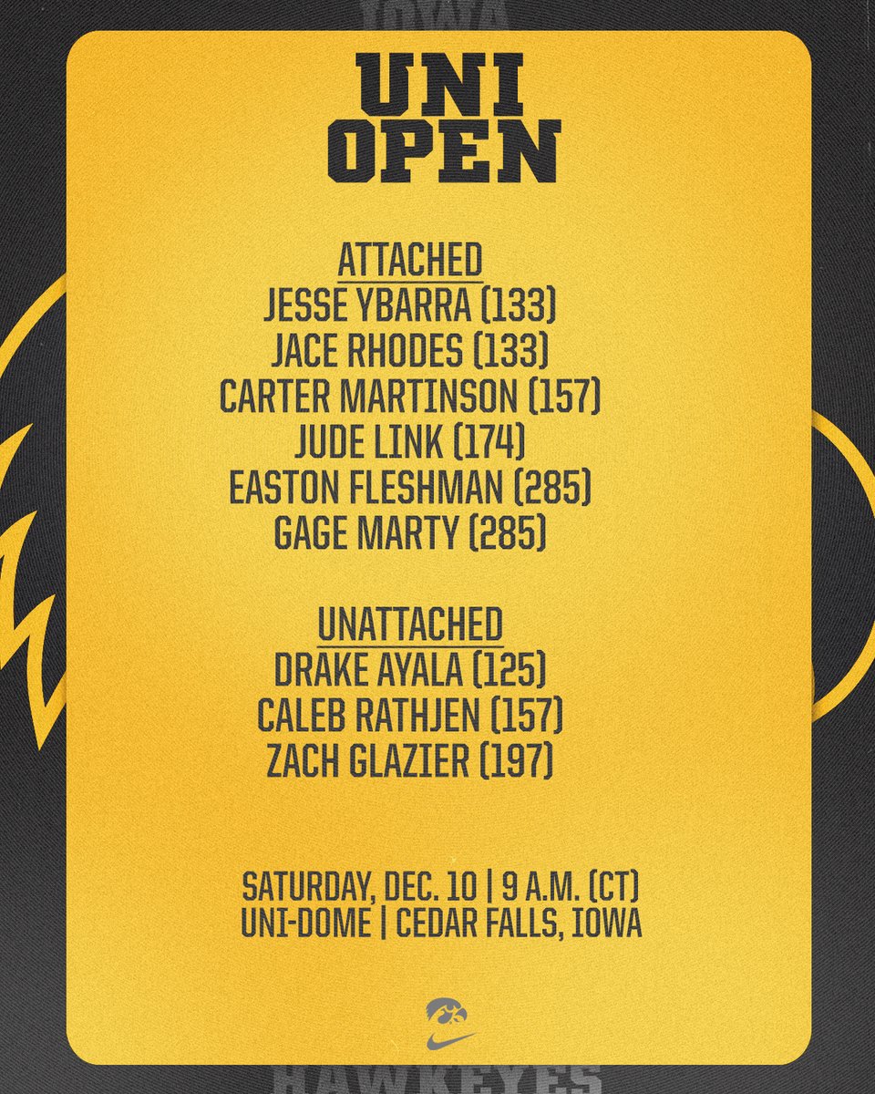 We're sending nine to Cedar Falls on Saturday for the UNI Open.  

4 #Hawkeyes will be making their season debuts.  

Action begins at 9 a.m. (CT) from the UNI-Dome.