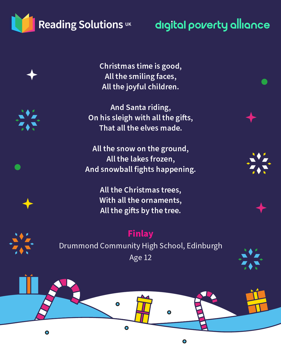 DaisyEduUK's tweet photo. Our first shortlisted poem for our Win #ReadingPlus #ChristmasPoem Competition comes from Finlay, aged 12, from Drummond Community High School, Edinburgh - @Drummond_CHS
Hit like for one vote. Retweet for an extra vote. Voting closes at noon on Mon 12th Dec! 
Good luck Finlay! 🎄 https://t.co/NIsmwC72Rd