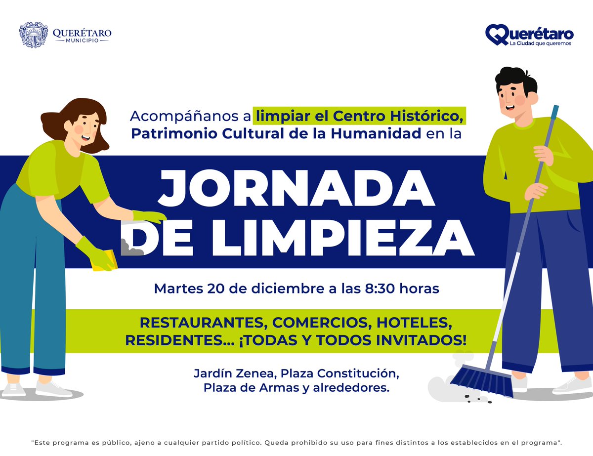 Te invitamos a participar en nuestra jornada de limpieza en el Centro Histórico 📍 ¡todas y todos son bienvenidos! Trabajemos en equipo para mantener limpios los espacios públicos del <a href="/qromunicipio/">Municipio de Querétaro</a> 🤜🤛.