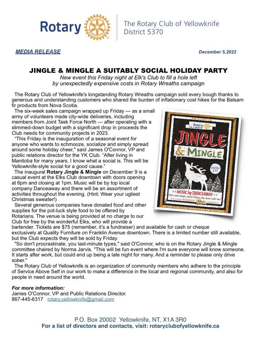 Looking for something different to do after work today? Are you community-minded and want to support a longstanding service club? Come to the Elks Club for the inaugural Jingle &amp; Mingle fun fundraiser. Tix available at door! #Yellowknife #NWT #fundraiser