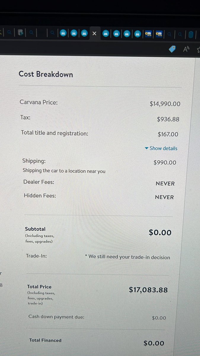 SQLSME's tweet photo. @JohnCornyn @tedcruz @RogerWilliamsTX it would be great to look into the #predatory #baitandswitch practices that @Carvana uses on their website. Clicking a car that is advertised as free shipping turns into a $990 shipping fee. #falseadvertising https://t.co/ZXnu0aBPF9